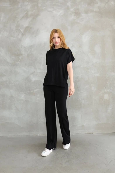 Osy Modal Yumuşak Dokulu Kumaş Bisiklet Yaka Kısa Kollu Takım - Siyah ürün görseli