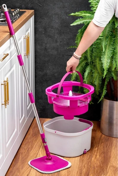 Çift Kovalı Otomatik Mop Temizlik Seti | Temiz & Kirli Su Ayrışmalı, Kendini Sıkan Mikrofiber Paspas - Resim 6