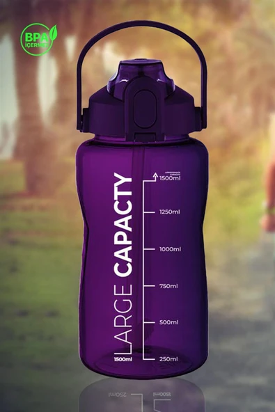 Sağlıklı Polikarbon 1.5L Su Matarası - Pipetli, Taşınabilir, Gri Mor Renk, Büyük Kapasiteli Suluk - Resim 7