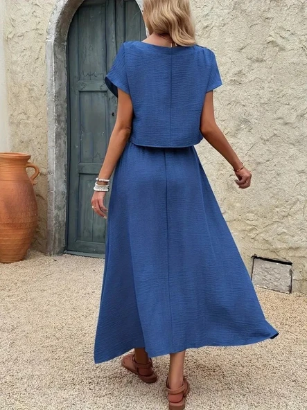 Kadın Kısa Kollu Bisiklet Yaka Bluz Etekli Ithal Keten Ikili Takım - Resim 5