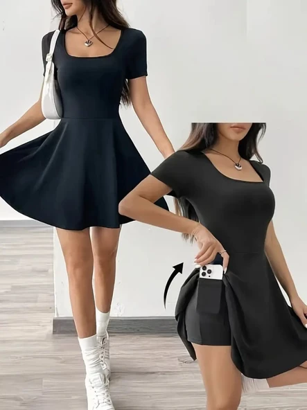 Kadın Kısa Kollu Kare Yaka Short Detaylı Cepli Dalgıç Elbise ürün görseli