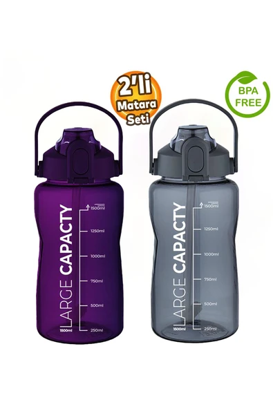 Sağlıklı Polikarbon 1.5L Su Matarası - Pipetli, Taşınabilir, Gri Mor Renk, Büyük Kapasiteli Suluk ürün görseli