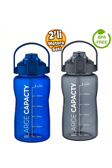 Sağlıklı Polikarbon 1.5L Su Matarası - Pipetli, Taşınabilir, Mavi Gri Renk, Büyük Kapasiteli Suluk ürün görseli