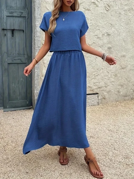 Kadın Kısa Kollu Bisiklet Yaka Bluz Etekli Ithal Keten Ikili Takım - Resim 2