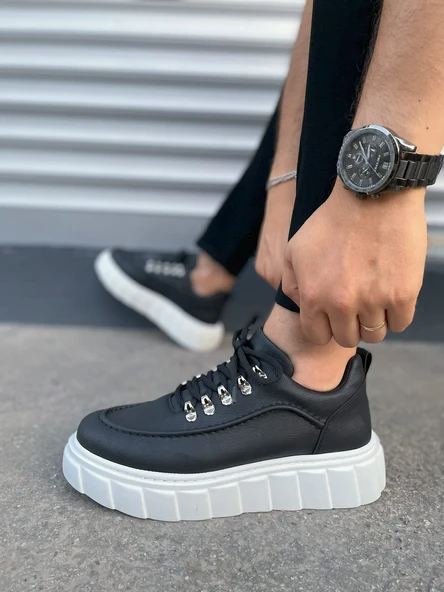 JY010 Cloud Bağcıklı Cilt Erkek Günlük Sneaker Ayakkabı CBT - Siyah - Resim 3