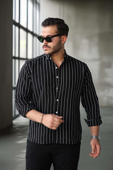 Scorsese Çizgili Relaxed Fit Erkek Gömlek - Siyah - Resim 2