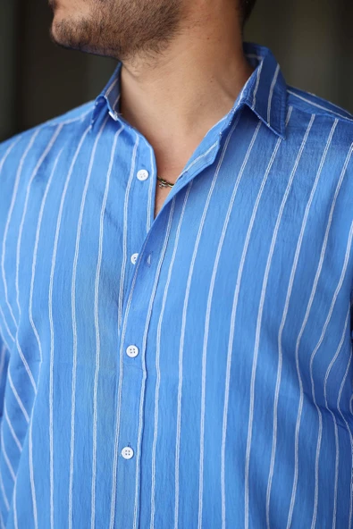 Scorsese Çizgili Relaxed Fit Erkek Gömlek - Parlement Mavi - Resim 3