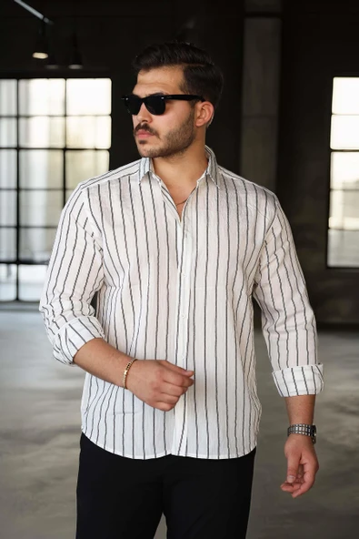 Scorsese Çizgili Relaxed Fit Erkek Gömlek - Beyaz - Resim 2