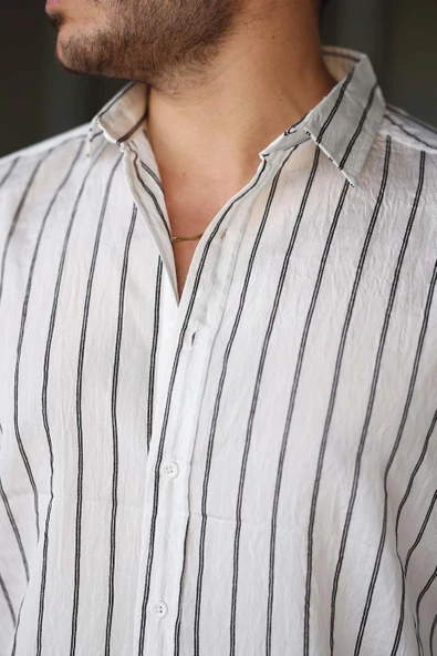 Scorsese Çizgili Relaxed Fit Erkek Gömlek - Beyaz - Resim 3