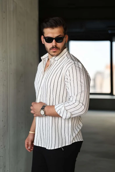 Scorsese Çizgili Relaxed Fit Erkek Gömlek - Beyaz - Resim 4