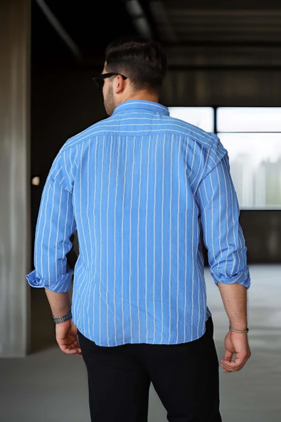 Scorsese Çizgili Relaxed Fit Erkek Gömlek - Parlement Mavi - Resim 5