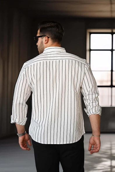 Scorsese Çizgili Relaxed Fit Erkek Gömlek - Beyaz - Resim 5