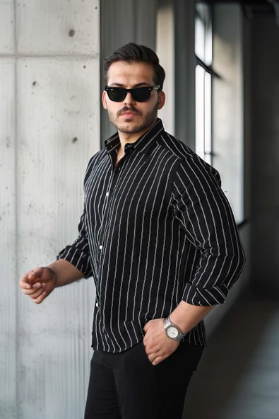 Scorsese Çizgili Relaxed Fit Erkek Gömlek - Siyah - Resim 4