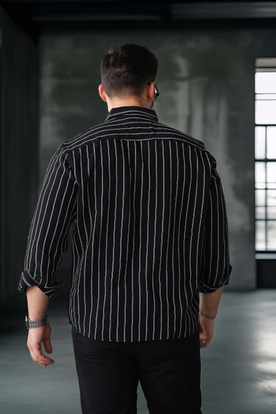 Scorsese Çizgili Relaxed Fit Erkek Gömlek - Siyah - Resim 5