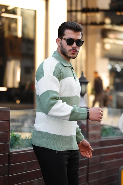 Düğmeli Polo Yaka Yarım Oversize Çizgili Triko Kazak - Yeşil - 3