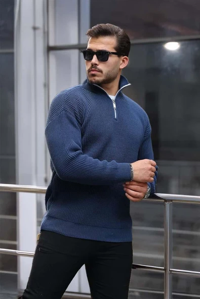 Nolan Oversize Selanik Örgü Yarım Fermuar Erkek Triko Kazak - İndigo - Resim 5