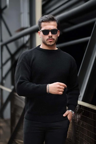 Pilar Oversize Selanik Örgülü Bisiklet Yaka Erkek Triko Kazak - Siyah - Resim 3