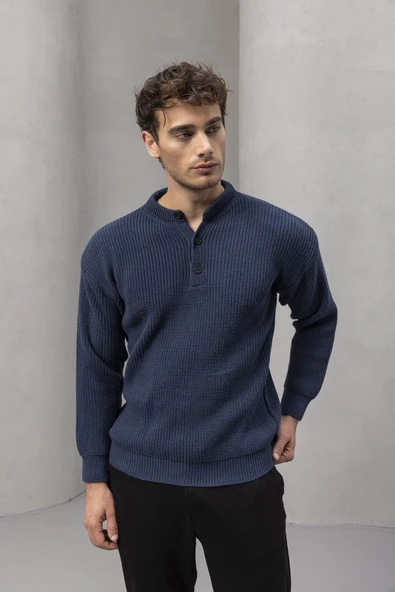 Wes Selanik Örgü 3 Düğmeli Yarım Pat Rahat Kalıp Erkek Triko Kazak - İndigo - Resim 4