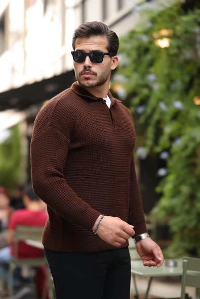Modern Fit Polo Yaka Çizgili Triko Kazak - Kahve - 1