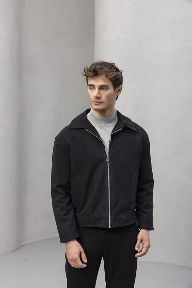 Kaşe Kumaş Fileto Cepli Fermuarlı Erkek Ceket - Siyah - 5