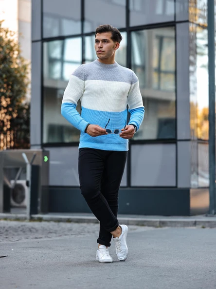 Parça Desen Bisiklet Yaka Erkek Kazak - Mavi - Resim 6