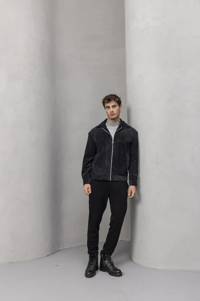 Dreyer Fitilli Kadife Kumaş Fileto Cepli Fermuarlı Erkek Ceket - Siyah - Resim 4