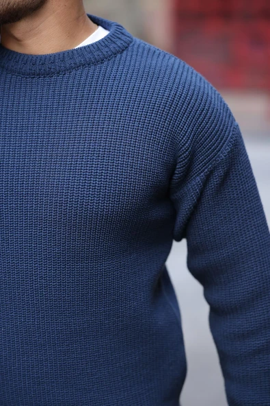 Pilar Oversize Selanik Örgülü Bisiklet Yaka Erkek Kazak - İndigo - 4