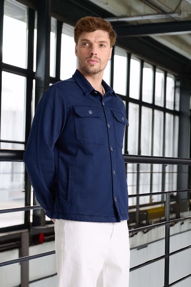 Brad Gabardin Kumaş Yan Cepli Erkek Kot Ceket - Lacivert - Resim 5