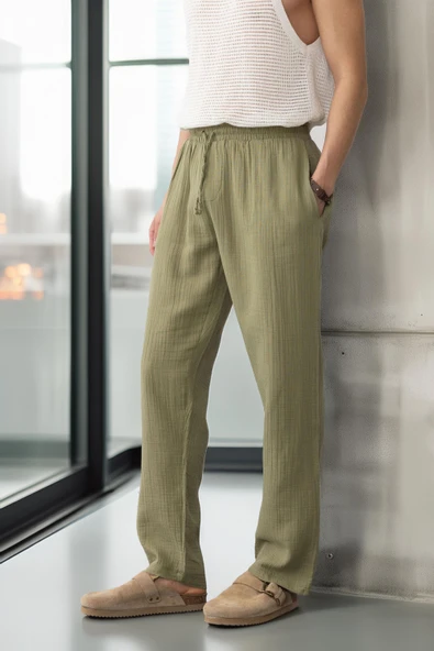 Hafif ve Rahat Müslin Baggy Erkek Pantolon - Haki ürün görseli 1