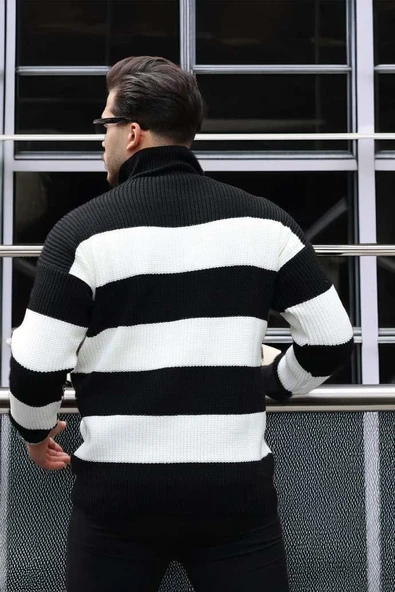 Pedro Oversize Çizgili Selanik Örgülü Yarım Fermuar Triko Erkek Kazak - Siyah - Resim 6