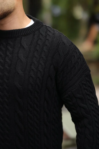 Comfort Fit Saç Örgü Bisiklet Yaka Triko Kazak - Siyah - Resim 5