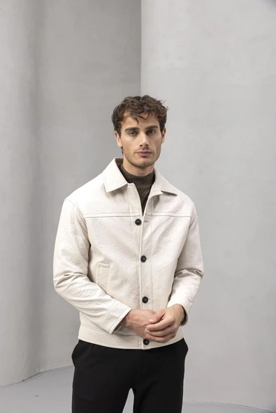 Denzel Düğmeli Yan Cepli Deri Görünümlü Erkek Ceket - Bej - Resim 3