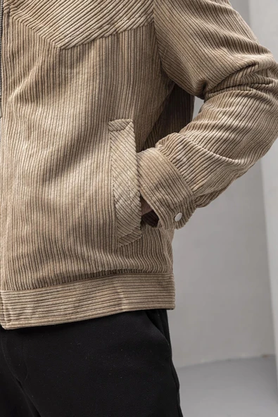 Dreyer Fitilli Kadife Kumaş Fileto Cepli Fermuarlı Erkek Ceket - Bej - Resim 5