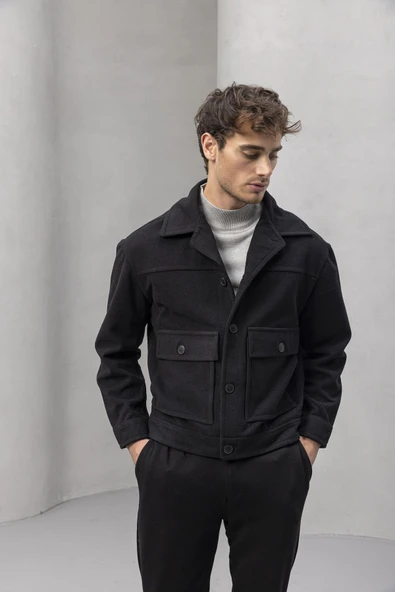 Gaspar Kaşe Kumaş Düğmeli Rahat Kalıp Erkek Ceket - Siyah - 2