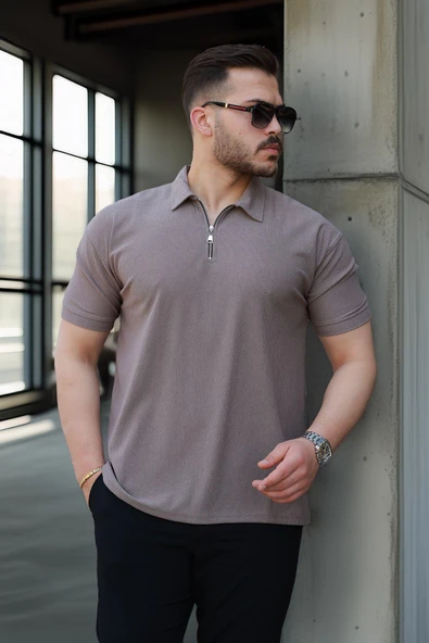 Likralı Örme Yarım Fermuar Polo Yaka Erkek Tişört - Kahve ürün görseli 1