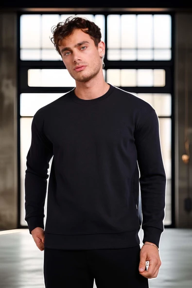 Wenders Relax Fit Basic Fırçalı Interlok Bisiklet Yaka Erkek Sweatshirt - Siyah - Resim 6