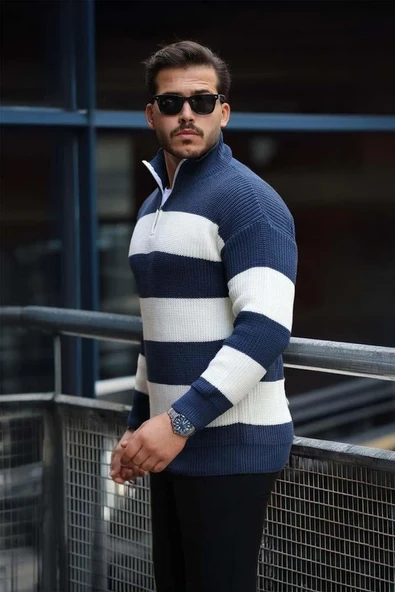 Pedro Oversize Çizgili Selanik Örgülü Yarım Fermuar Triko Erkek Kazak - İndigo - Resim 5