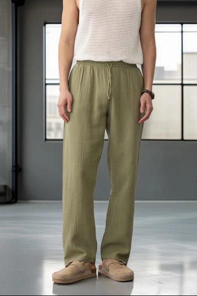 Hafif ve Rahat Müslin Baggy Erkek Pantolon - Haki - Resim 3