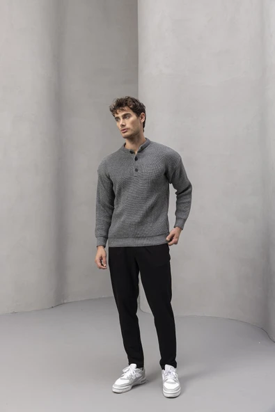 Wes Selanik Örgü 3 Düğmeli Yarım Pat Rahat Kalıp Erkek Triko Kazak - Füme - Resim 5