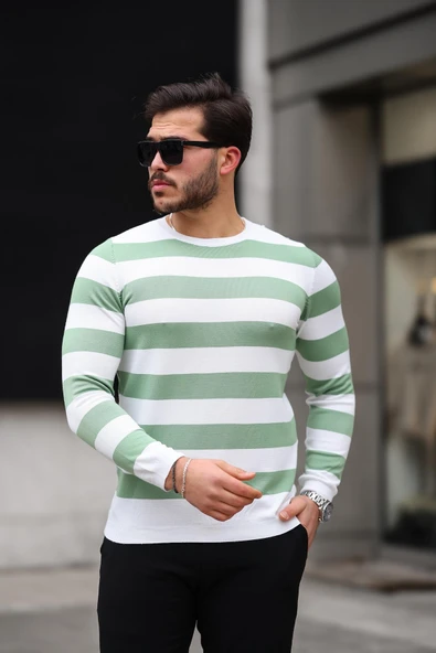 Örme Çizgili Bisiklet Yaka İnce Triko Erkek Kazak - Yesil ürün görseli 1