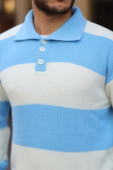 Düğmeli Polo Yaka Yarım Oversize Çizgili Triko Kazak - Mavi - 2