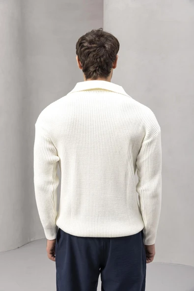 Oversize Selanik Örgü 4 Düğmeli Yarım Pat Rahat Kalıp Erkek Triko Kazak - Ekru - 7