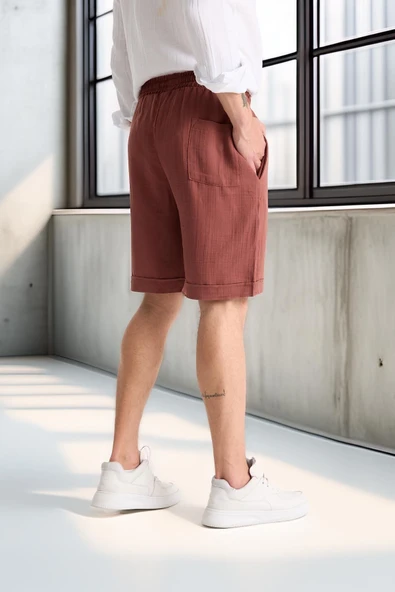 Hafif ve Rahat Duble Paça Müslin Erkek Şort - Kiremit - Resim 10