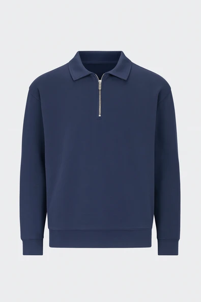Scuba Modal Kumaş Relaxed Fit Yarım Fermuarlı Polo Yaka Erkek Sweatshirt - Lacivert ürün görseli 1