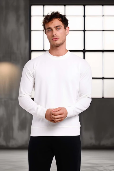 Wenders Relax Fit Basic Fırçalı Interlok Bisiklet Yaka Erkek Sweatshirt - Beyaz - Resim 6
