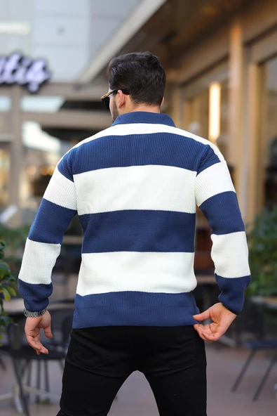 Düğmeli Polo Yaka Yarım Oversize  Çizgili Triko Kazak - Lacivert - Resim 3
