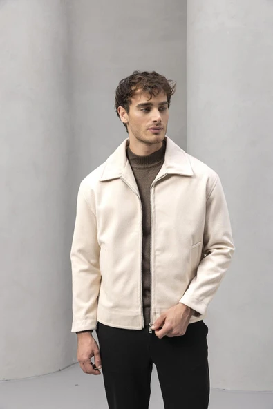 Kaşe Kumaş Fileto Cepli Fermuarlı Erkek Ceket - Taş - 6