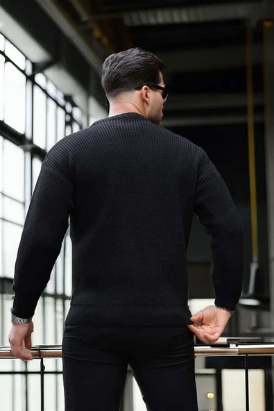 Pilar Oversize Selanik Örgülü Bisiklet Yaka Erkek Triko Kazak - Siyah - Resim 6