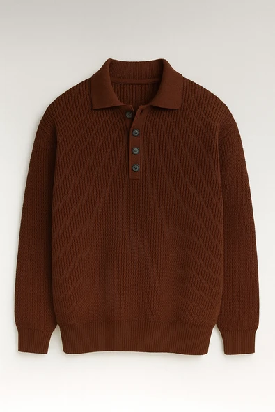 Oversize Selanik Örgü 4 Düğmeli Yarım Pat Rahat Kalıp Erkek Triko Kazak - Kahve ürün görseli