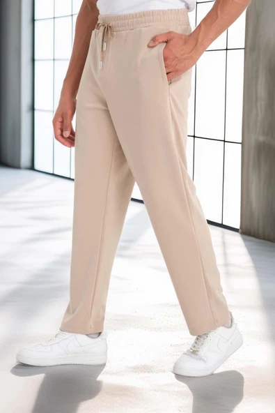 Scuba Modal Kumaş Relaxed Fit Erkek Eşofman Altı Pantolon - Bej - Resim 6
